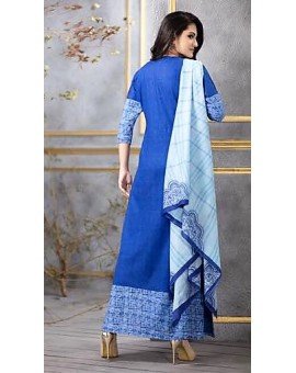 Salwar Suit- Pure Cotton with Self Print - Blue and White (Un Stitched)